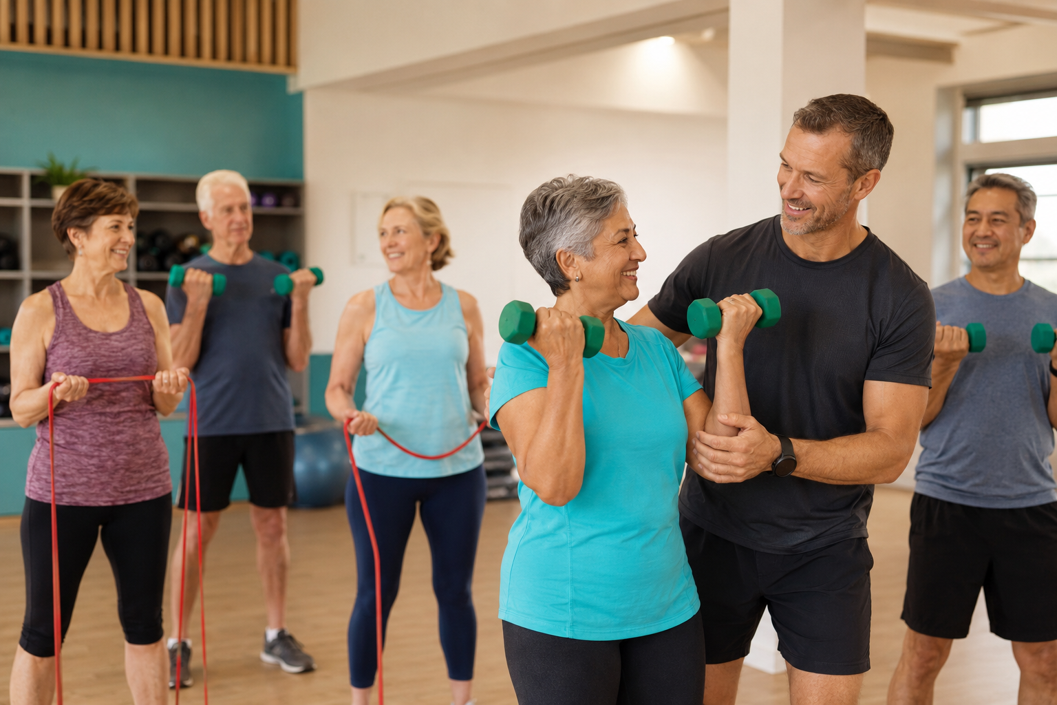 Adults over 50 enjoying a supported strength-training session
